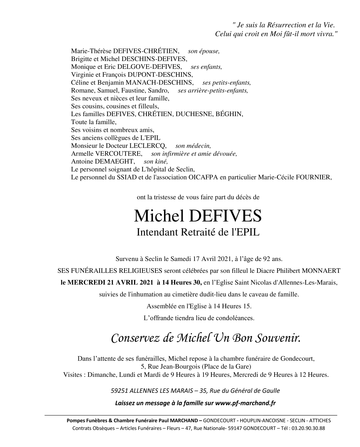 Image Annonce nécrologique de Michel DEFIVES
