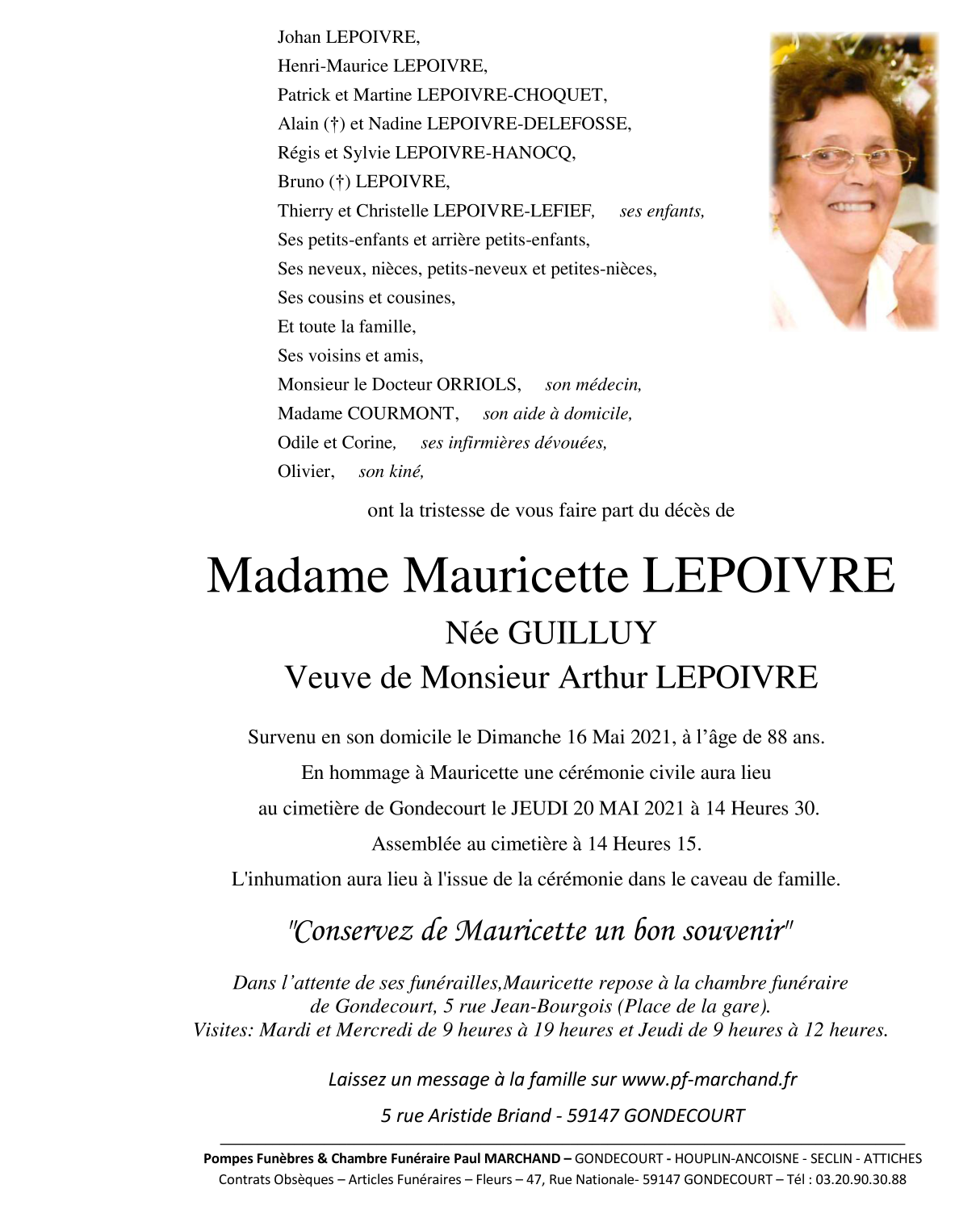 Image Annonce nécrologique de Mauricette LEPOIVRE née GUILLUY