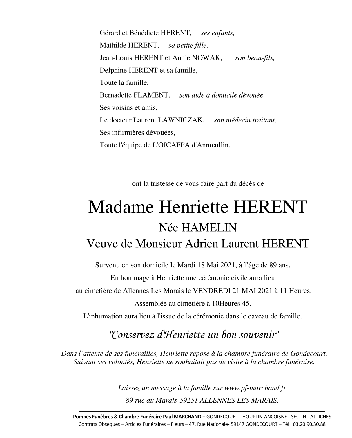 Image Annonce nécrologique de Henriette HERENT née HAMELIN