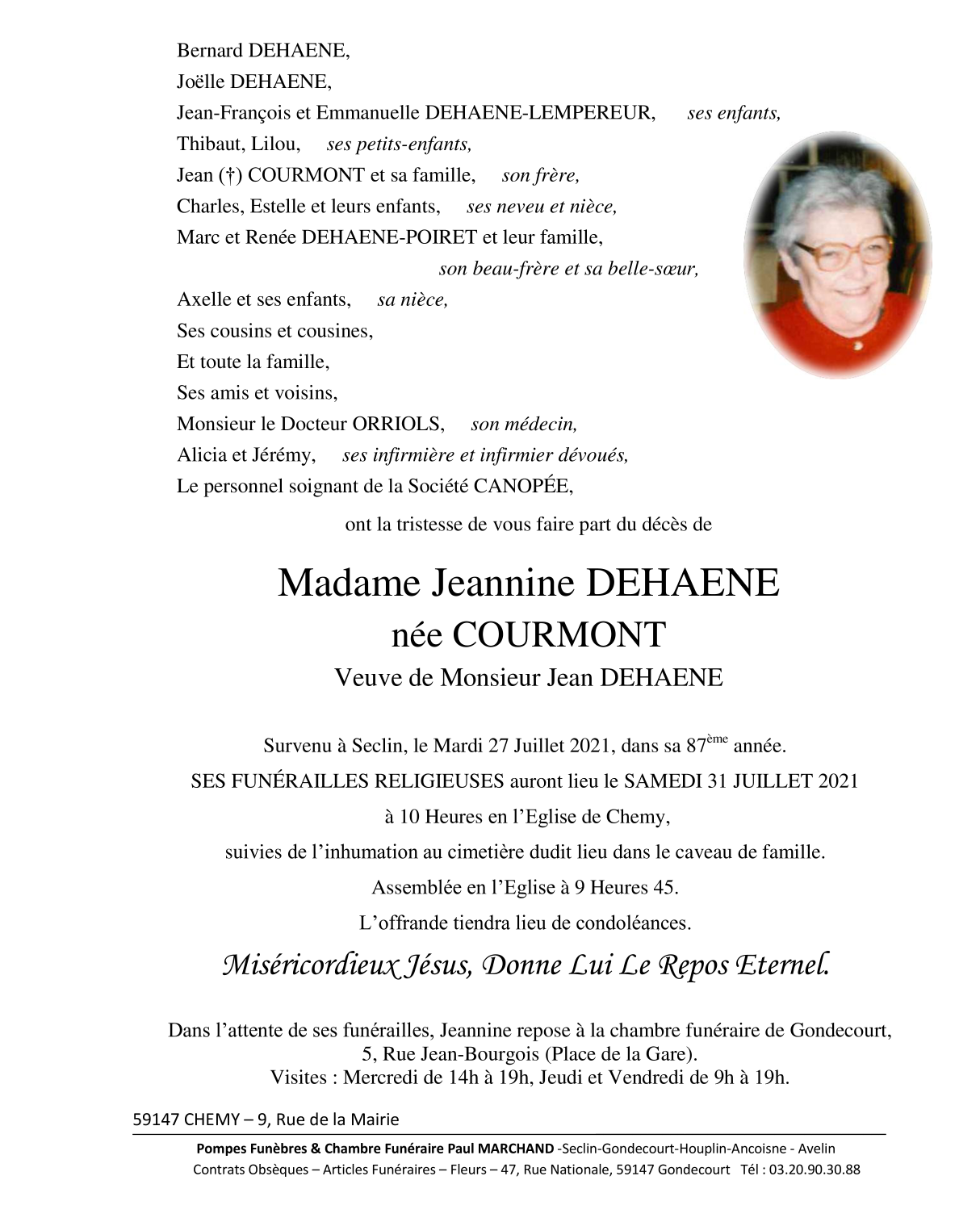 Image Annonce nécrologique de Jeannine DEHAENE née COURMONT