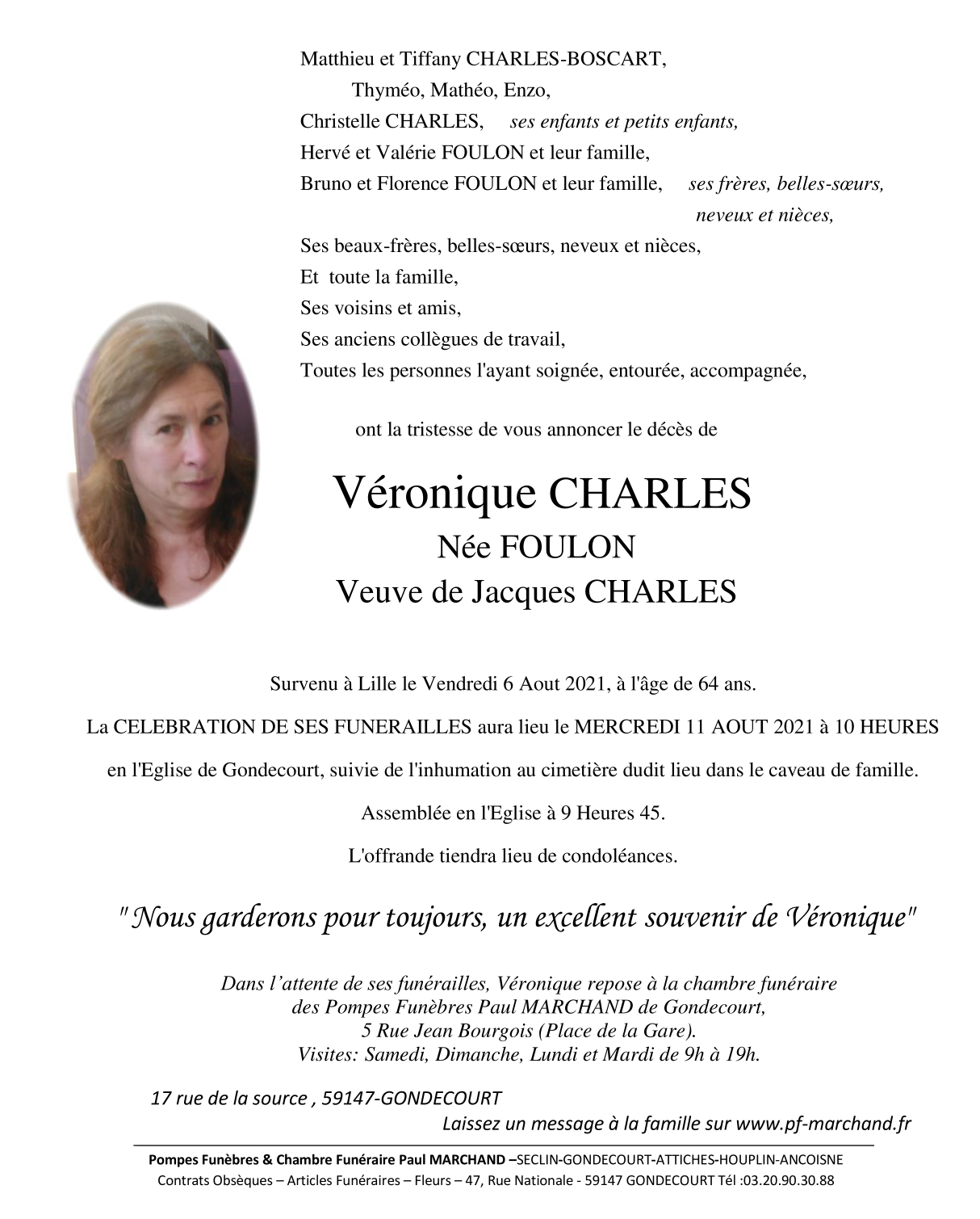 Image Annonce nécrologique de Véronique CHARLES née FOULON