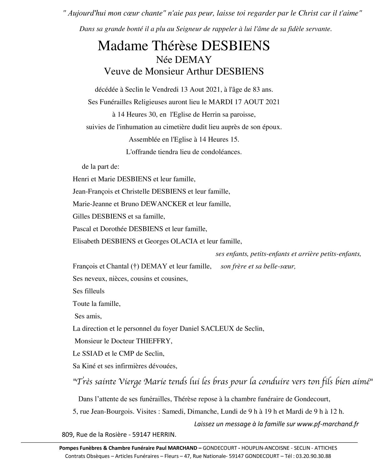 Image Annonce nécrologique de Thérèse DESBIENS née DEMAY
