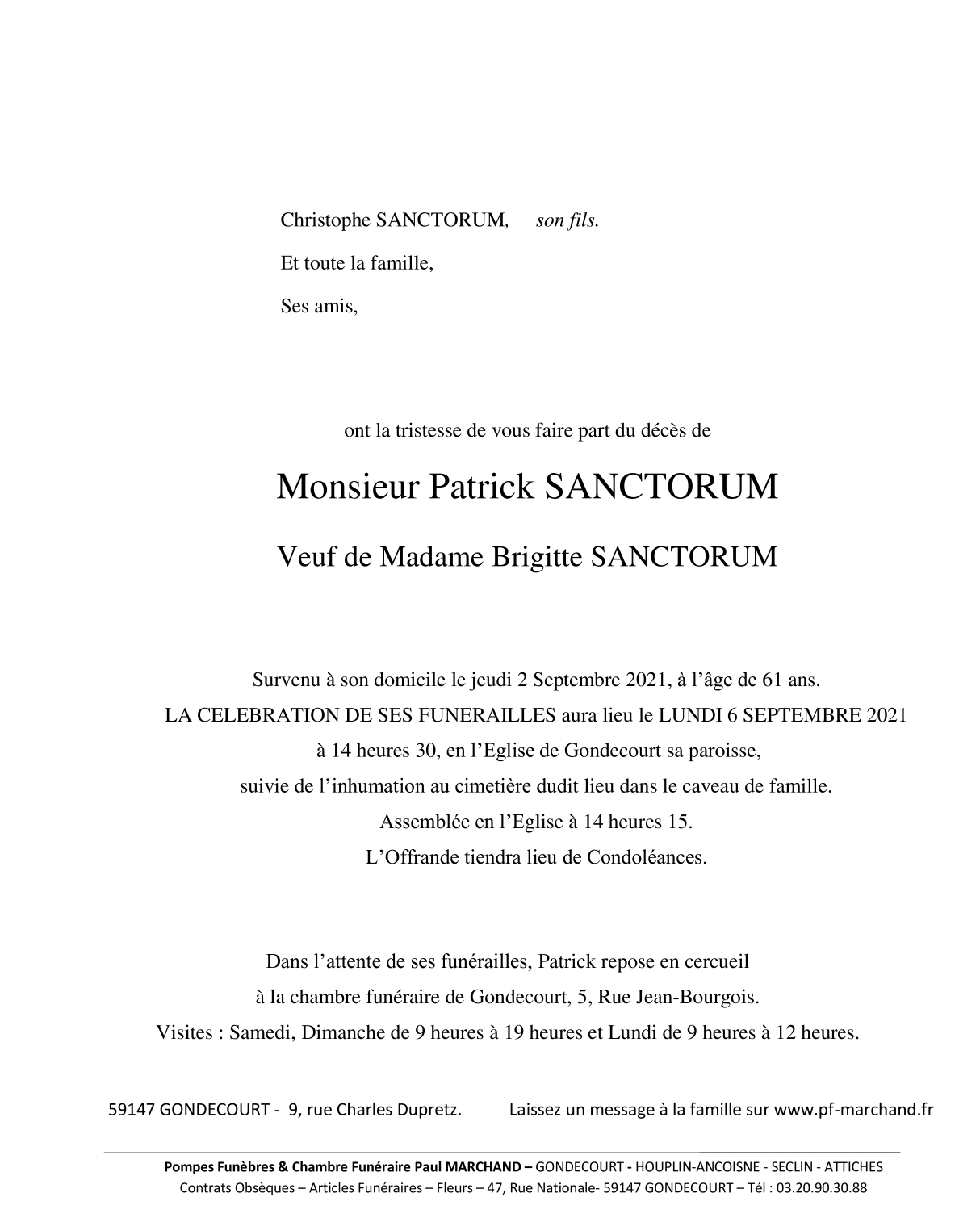Image Annonce nécrologique de Patrick SANCTORUM