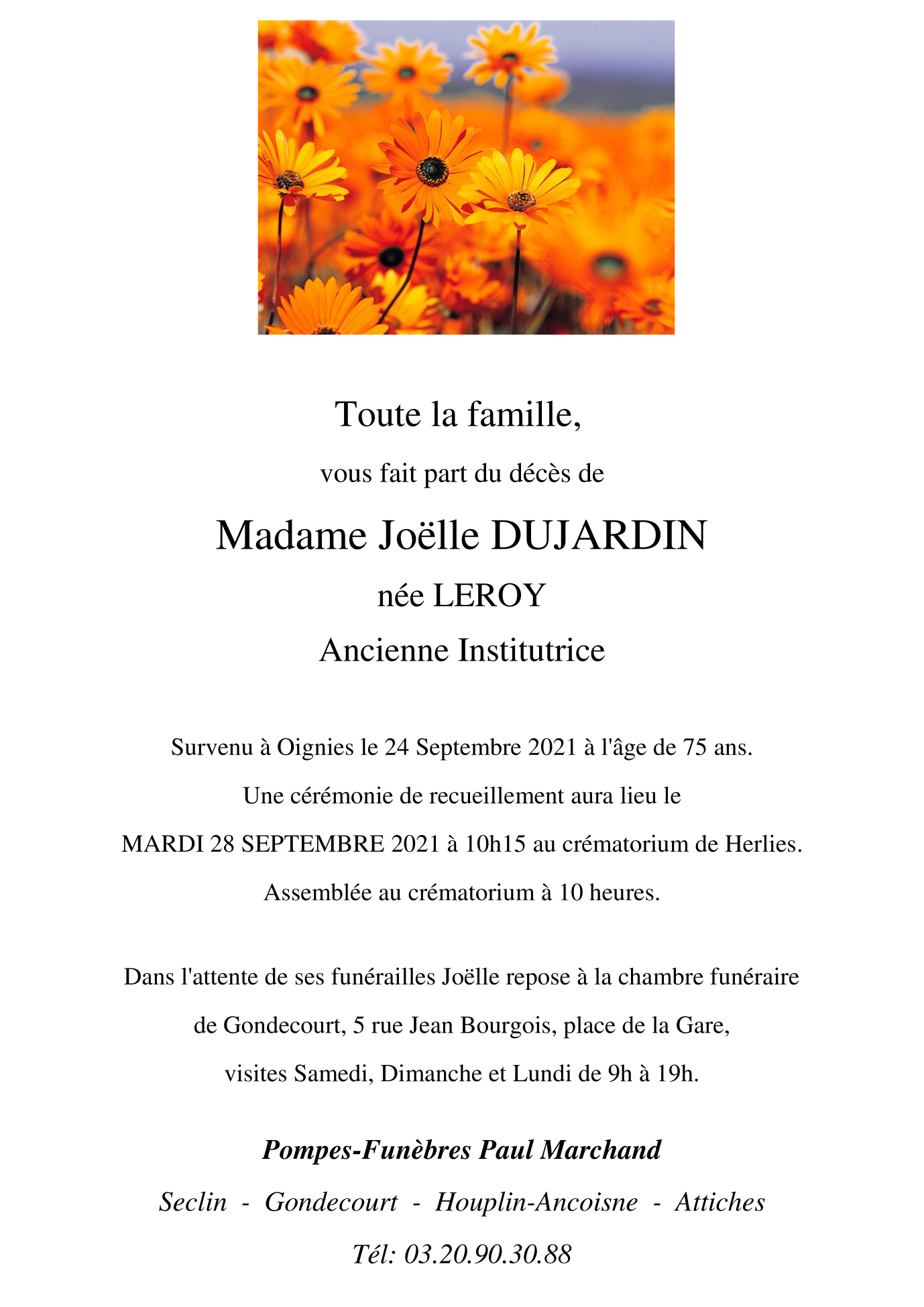 Image Annonce nécrologique de Madame Joëlle DUJARDIN