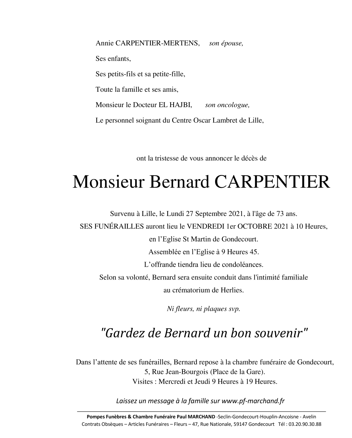 Image Annonce nécrologique de Bernard CARPENTIER de GONDECOURT