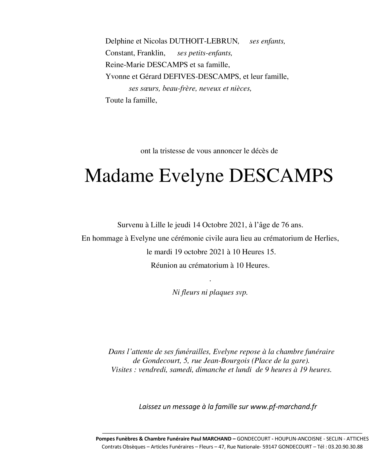 Image Annonce nécrologique de Evelyne DESCAMPS