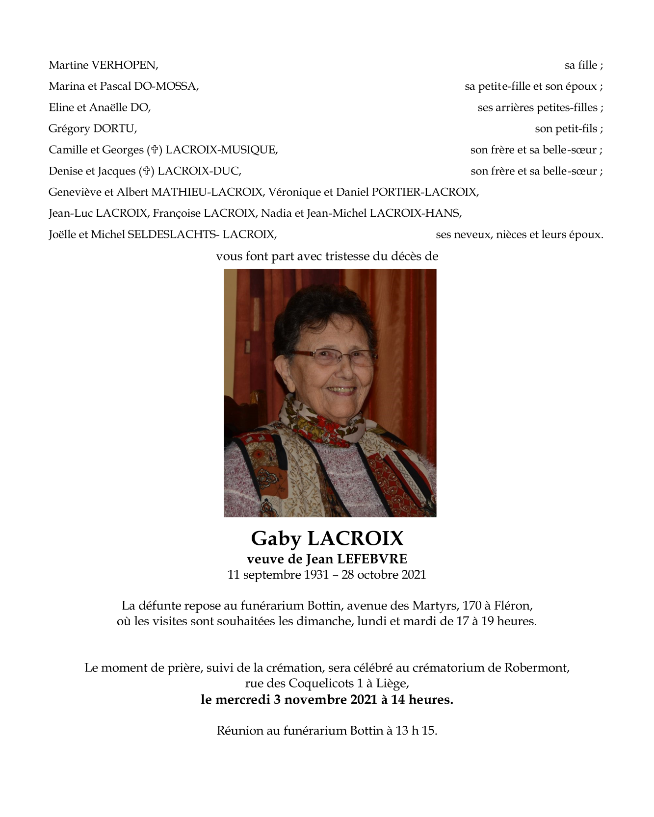 Pascal Lefebvre Fils De Jean Lefebvre Death of Madame Gaby LACROIX (28/10/2021), Annonce nécrologique