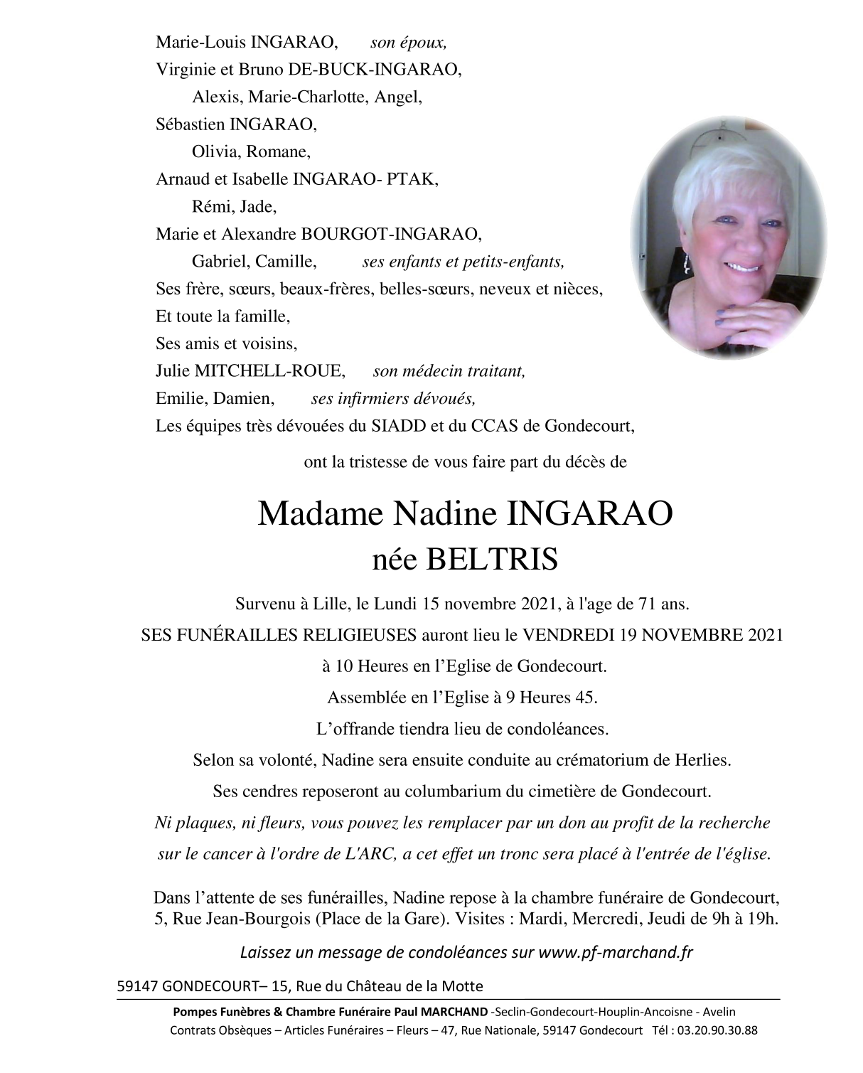 Image Annonce nécrologique de Nadine INGARAO née BELTRIS
