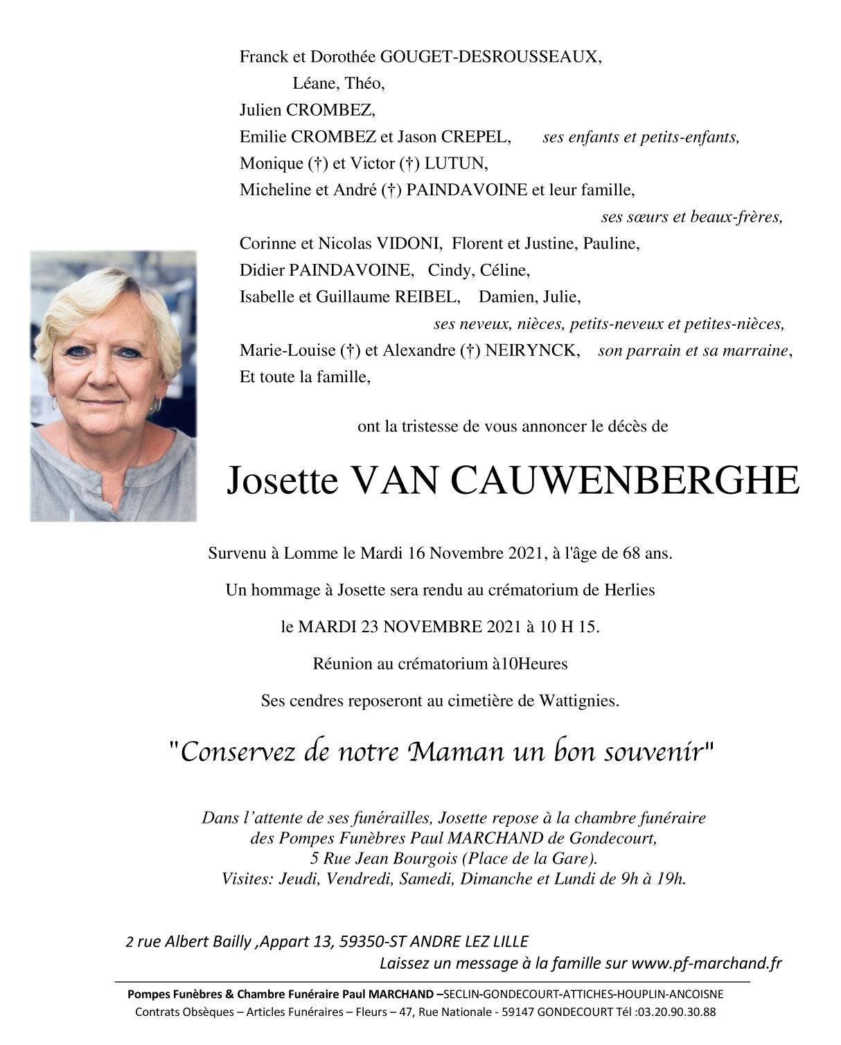 Image Annonce nécrologique de Josette VAN CAUWENBERGHE