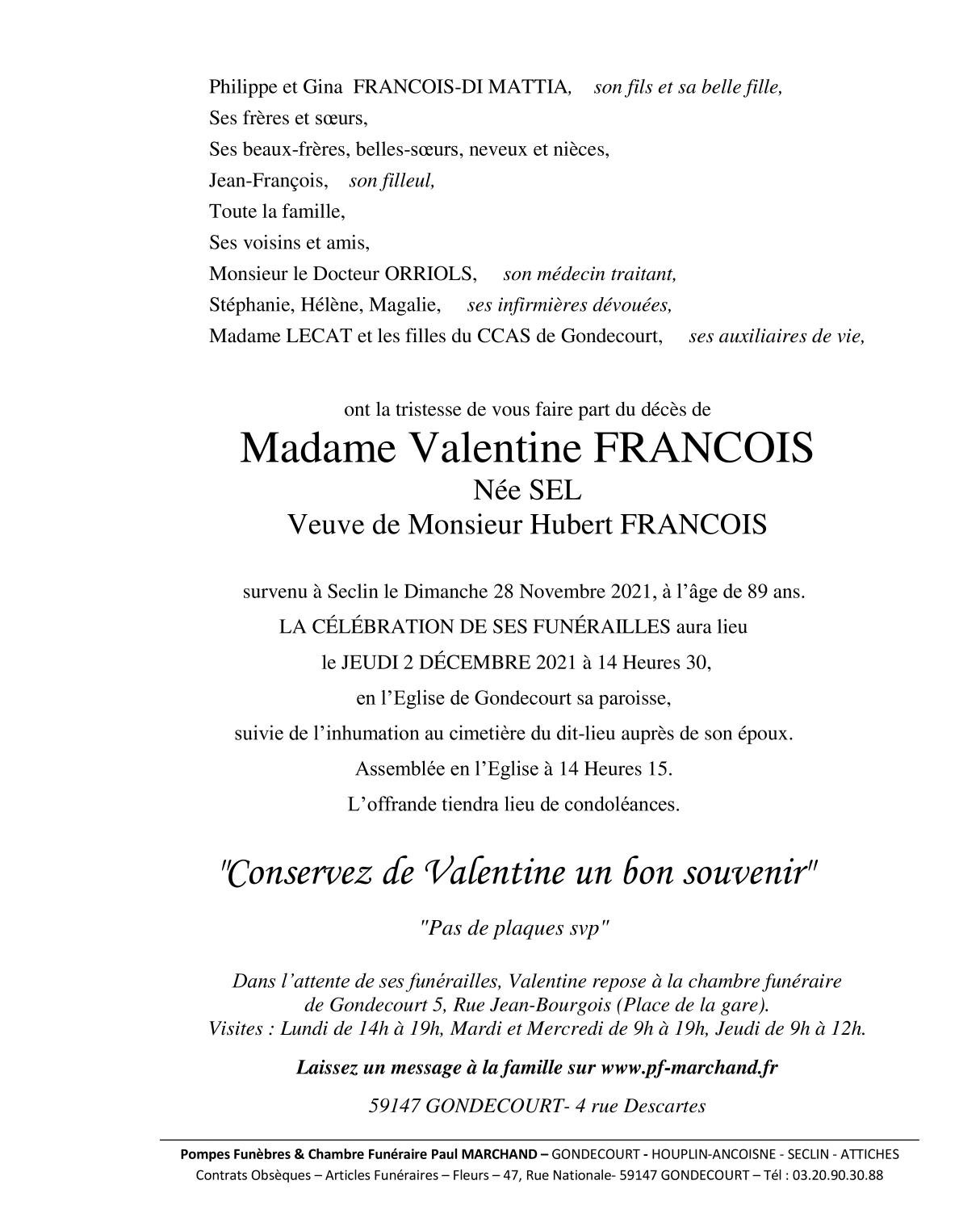 Image Annonce nécrologique de Valentine FRANCOIS née SEL