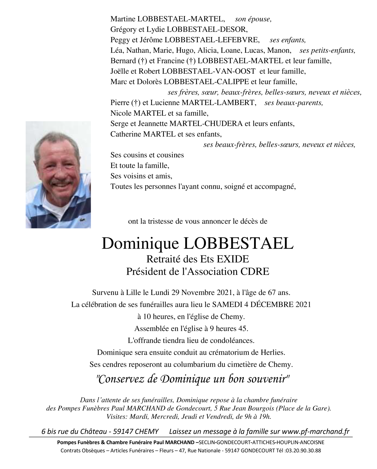 Image Annonce nécrologique de Dominique LOBBESTAEL