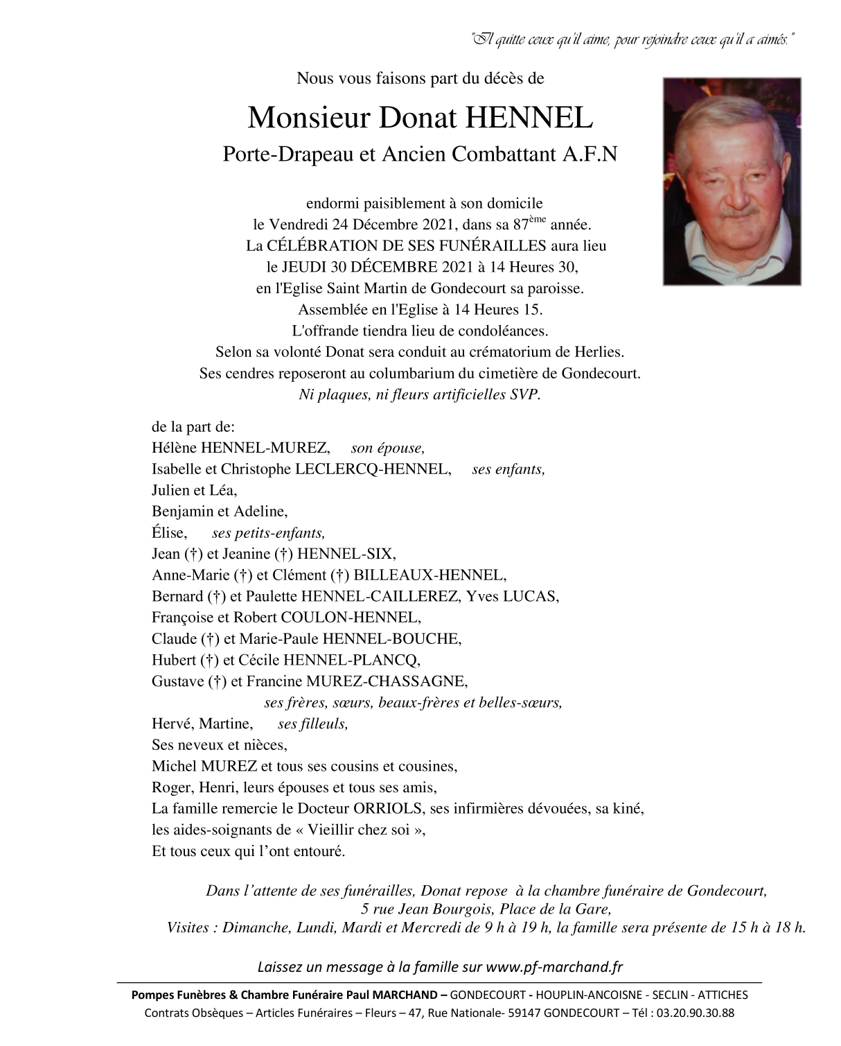 Image Annonce nécrologique de Donat HENNEL