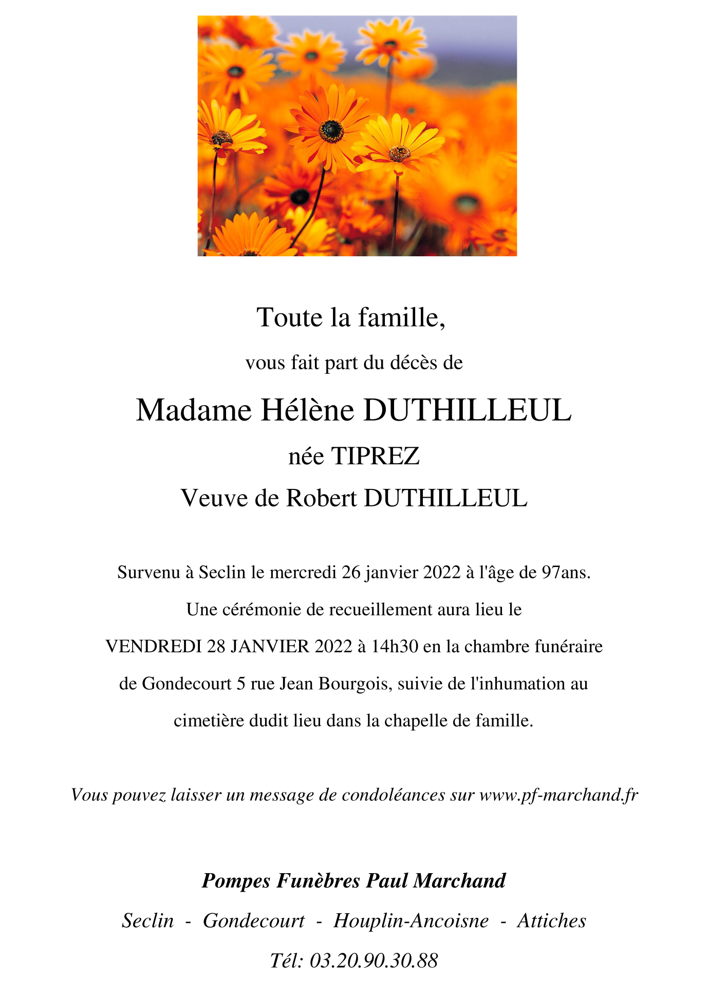 Image Annonce nécrologique de Hélène DUTHILLEUL née TIPREZ