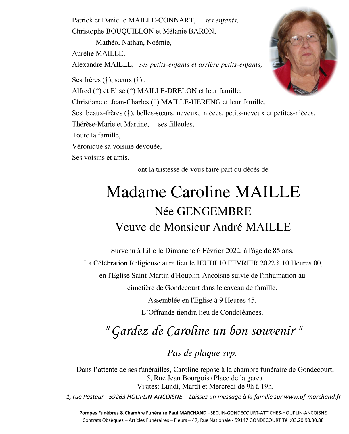 Image Annonce nécrologique de Caroline MAILLE née GENGEMBRE