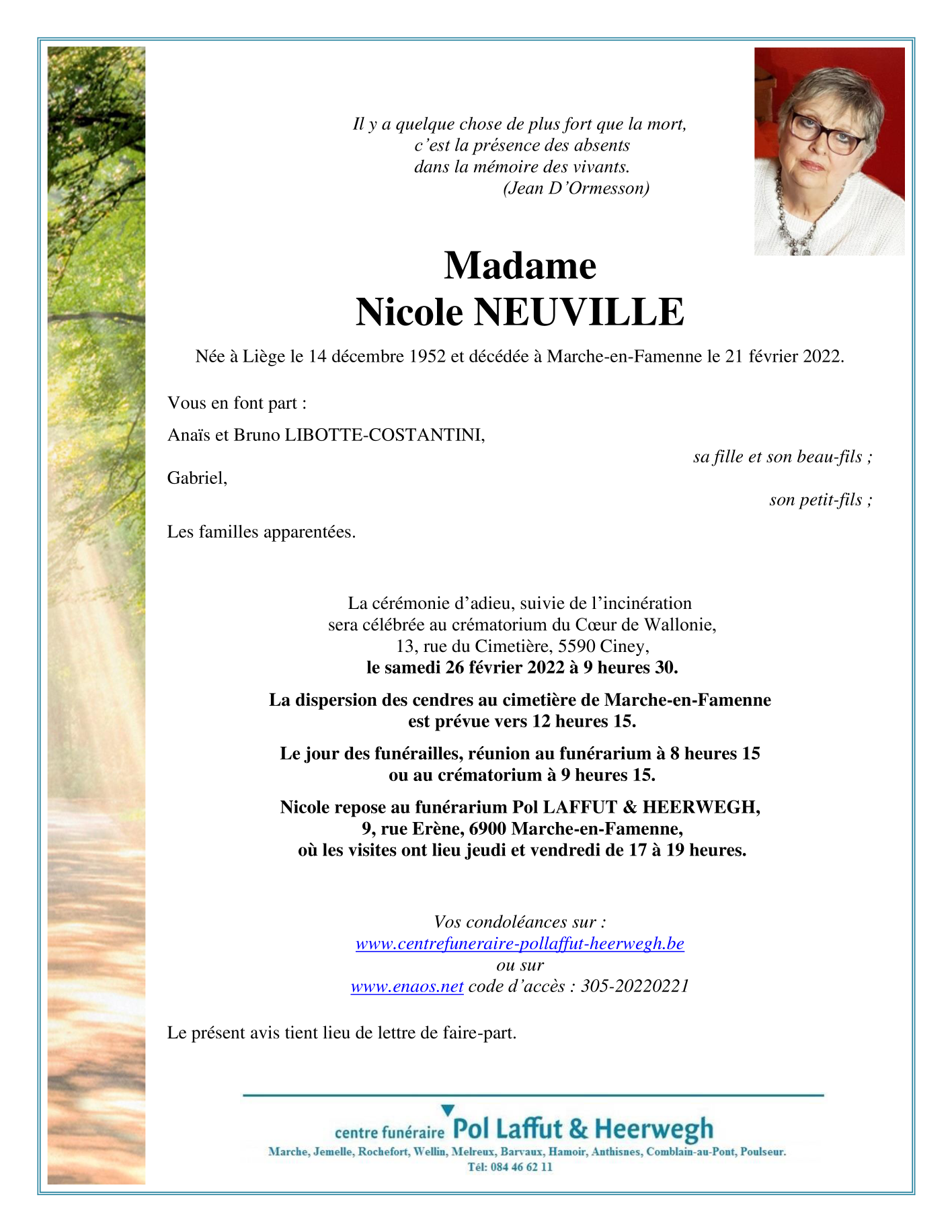 Décès de Madame Nicole NEUVILLE (210222), Annonce nécrologique