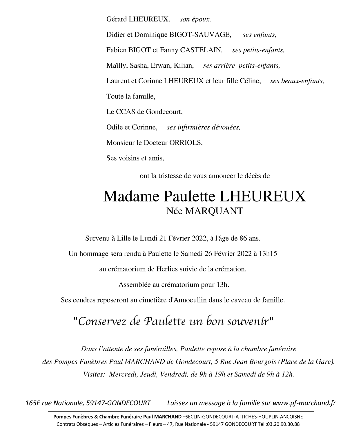 Image Annonce nécrologique de Madame Paulette LHEUREUX née MARQUANT