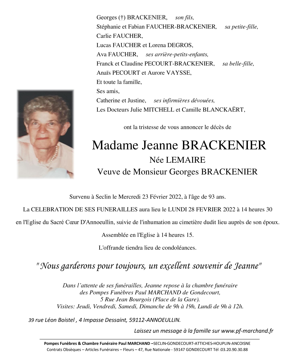 Image Annonce nécrologique de Madame Jeanne BRACKENIER née LEMAIRE