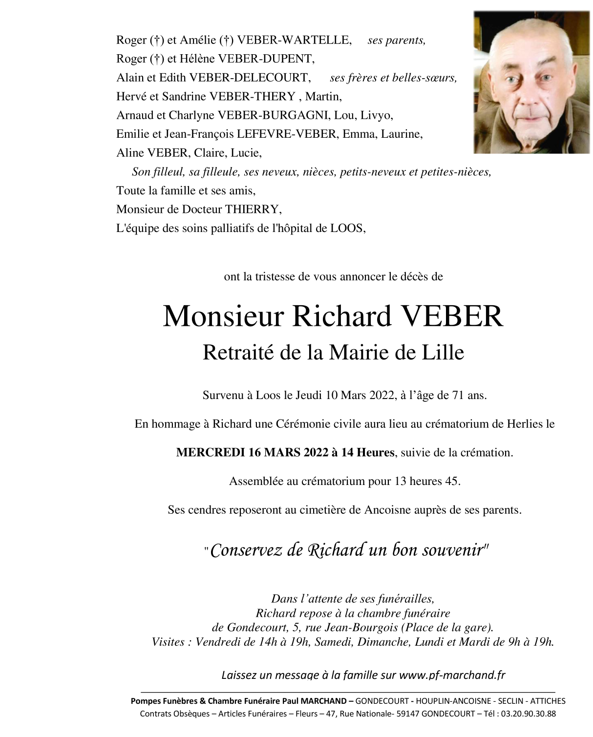Image Annonce nécrologique de Monsieur Richard VEBER