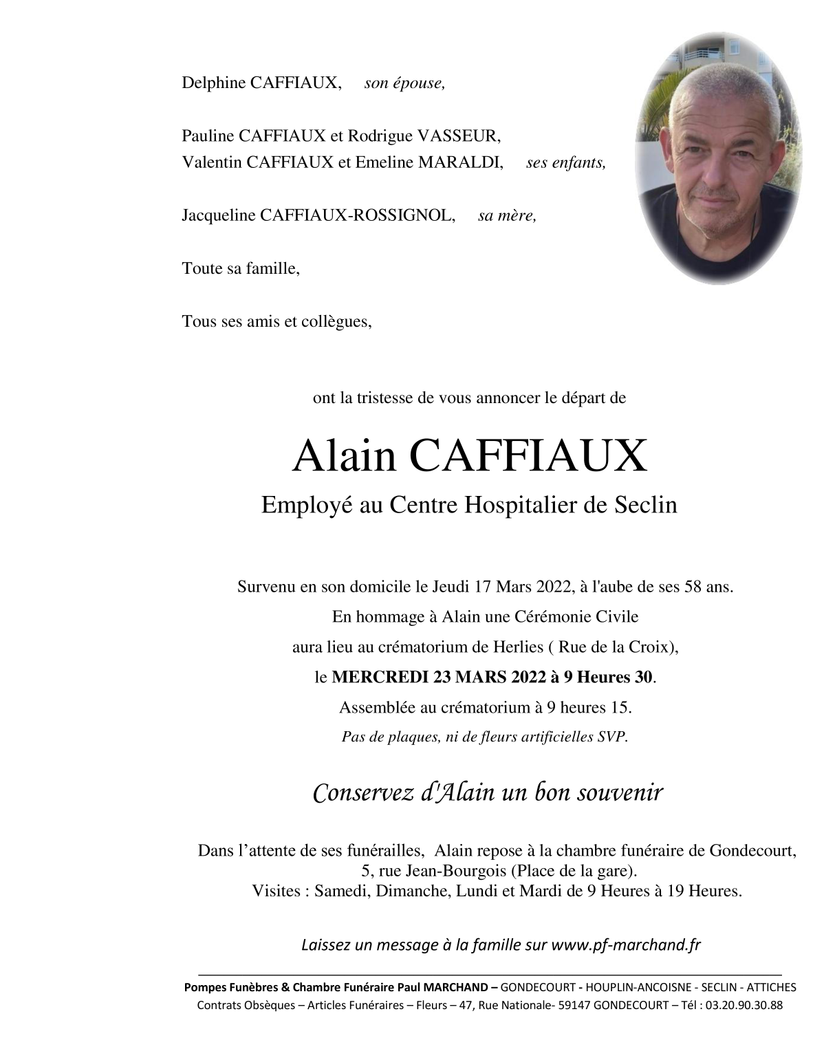 Image Annonce nécrologique de Monsieur Alain CAFFIAUX