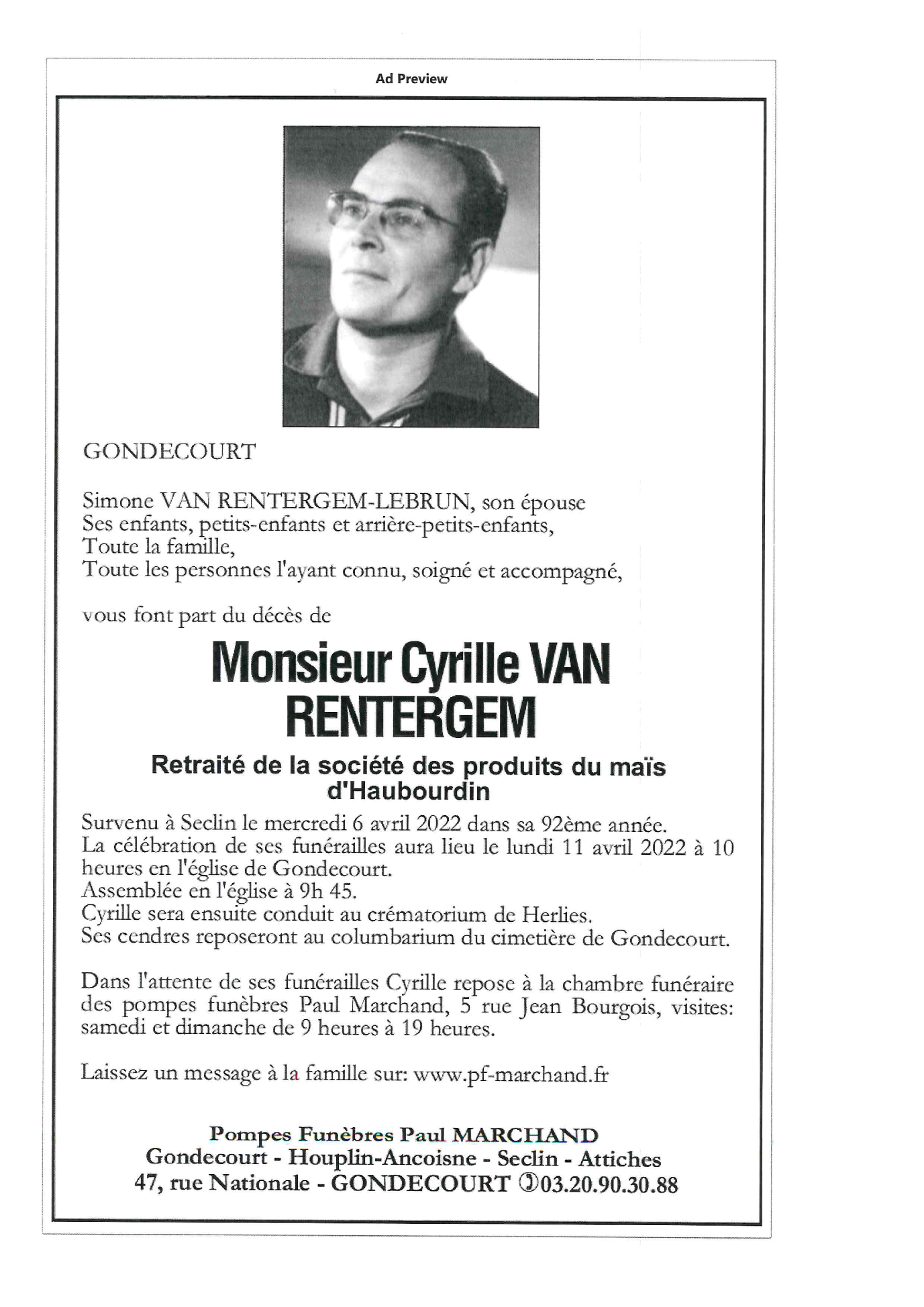 Image Annonce nécrologique de Monsieur Cyrille VAN RENTERGEM