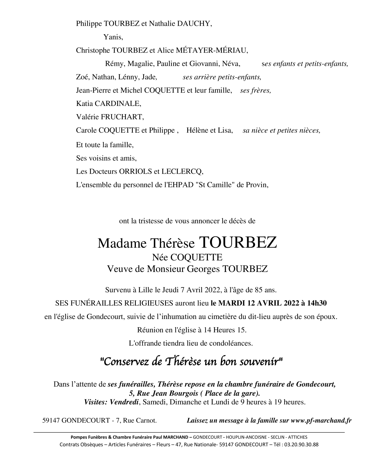 Image Annonce nécrologique de Madame Thérèse TOURBEZ née COQUETTE