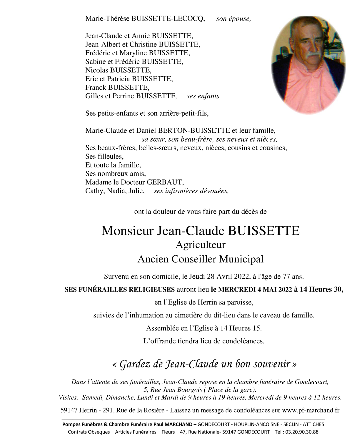 Image Annonce nécrologique de Monsieur Jean-Claude BUISSETTE