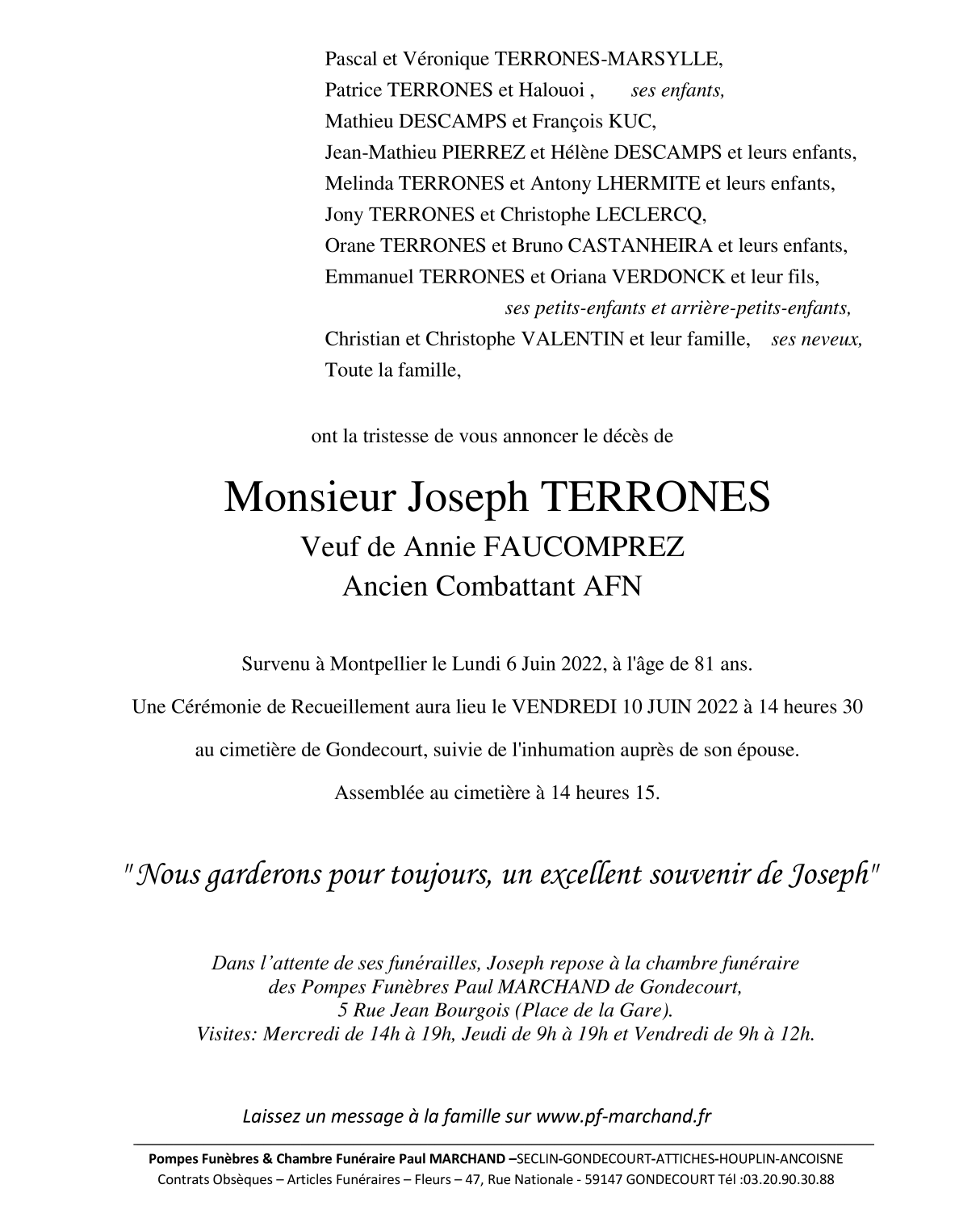 Image Annonce nécrologique de Monsieur Joseph TERRONES