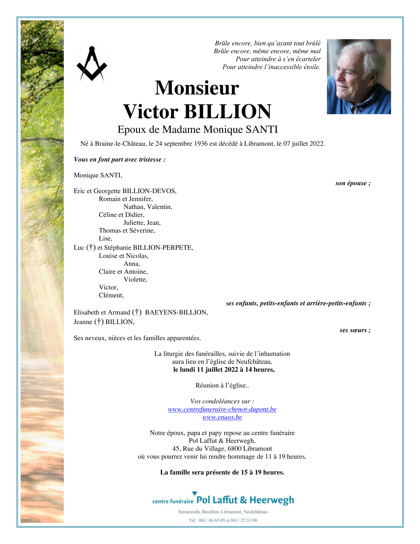 Décès de Monsieur Victor BILLION (070722), Annonce nécrologique