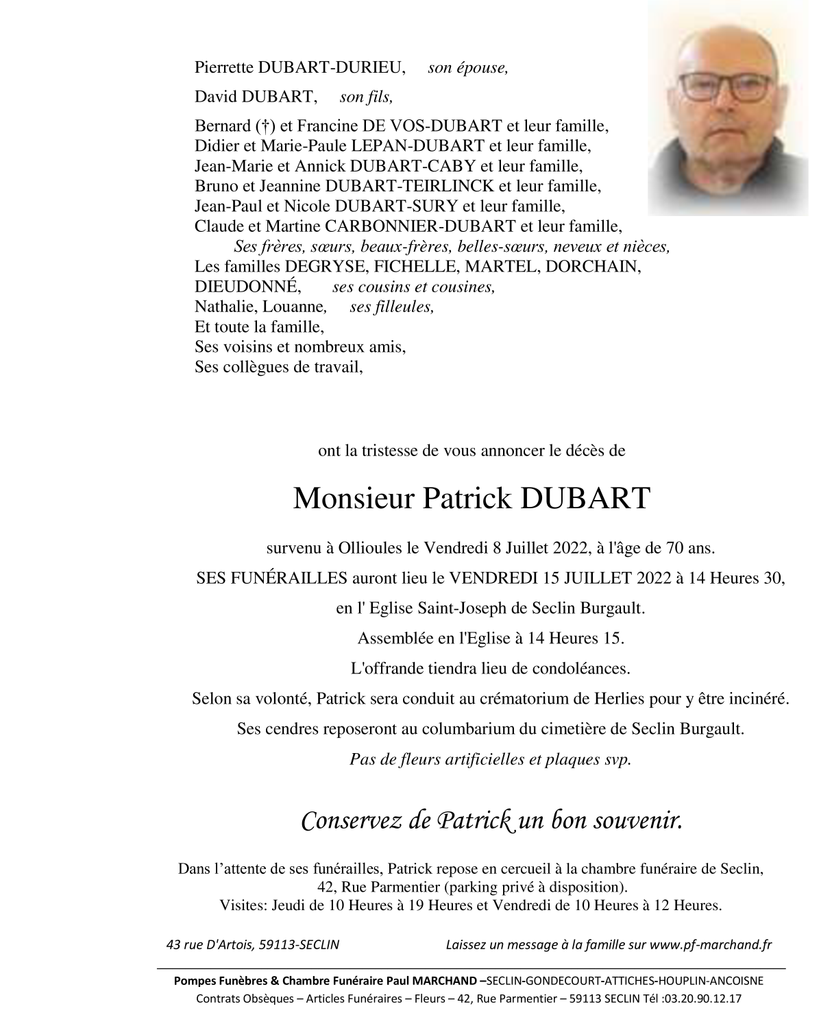 Image Annonce nécrologique de Monsieur Patrick DUBAR