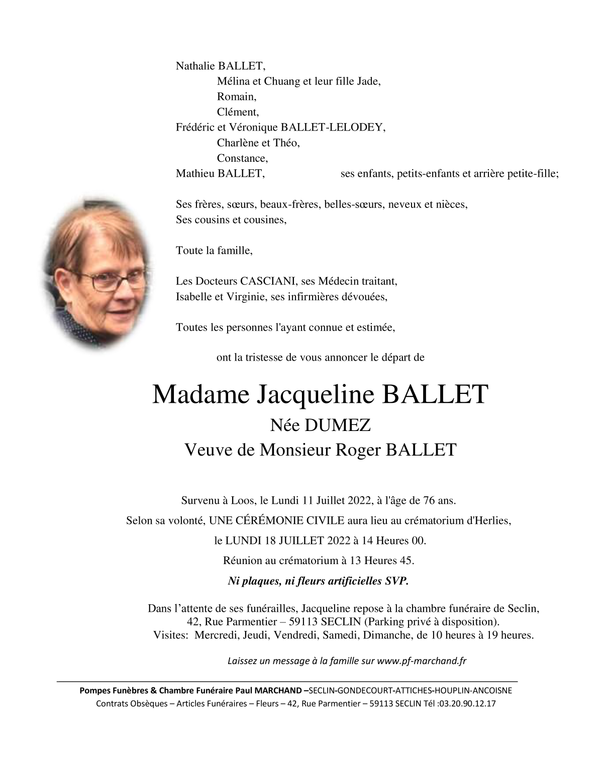 Image Annonce nécrologique de Jacqueline BALLET