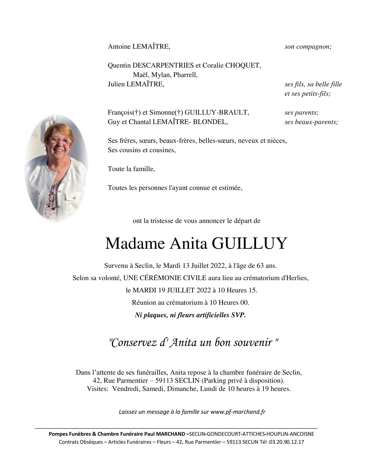 Image Annonce nécrologique d'Anita GUILLUY de Seclin