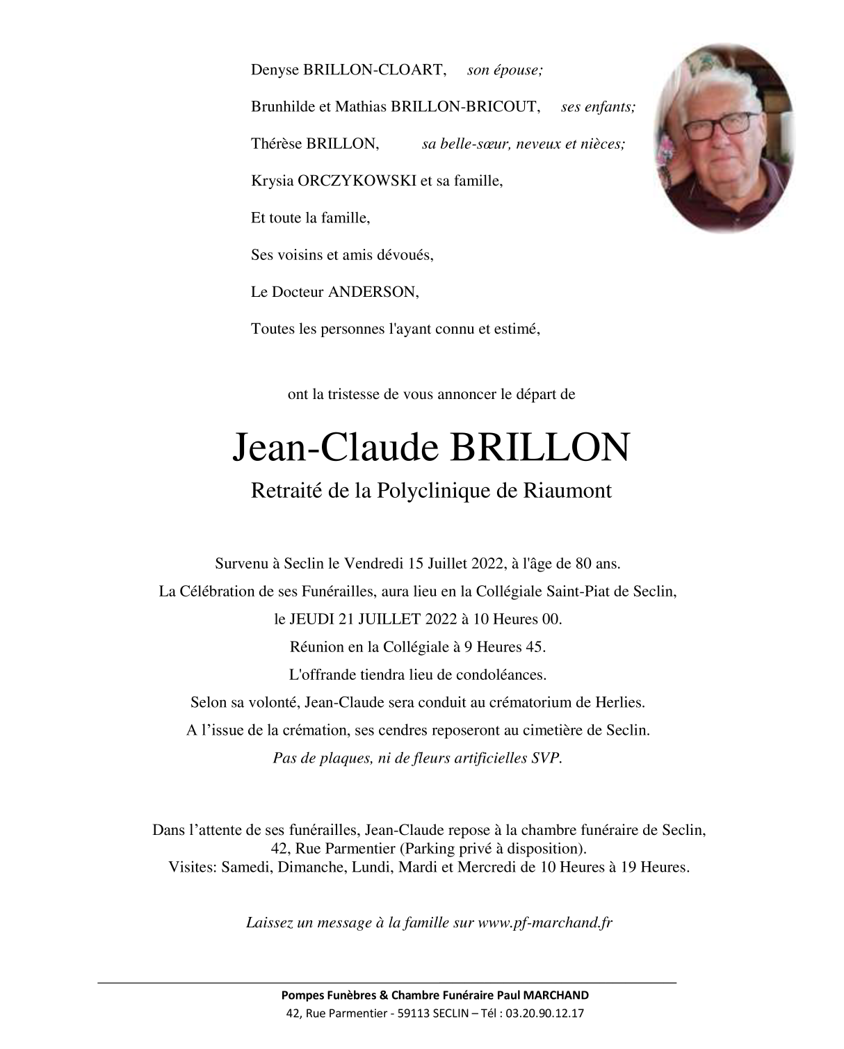 Image Annonce nécrologique de Monsieur Jean-Claude BRILLON de Seclin