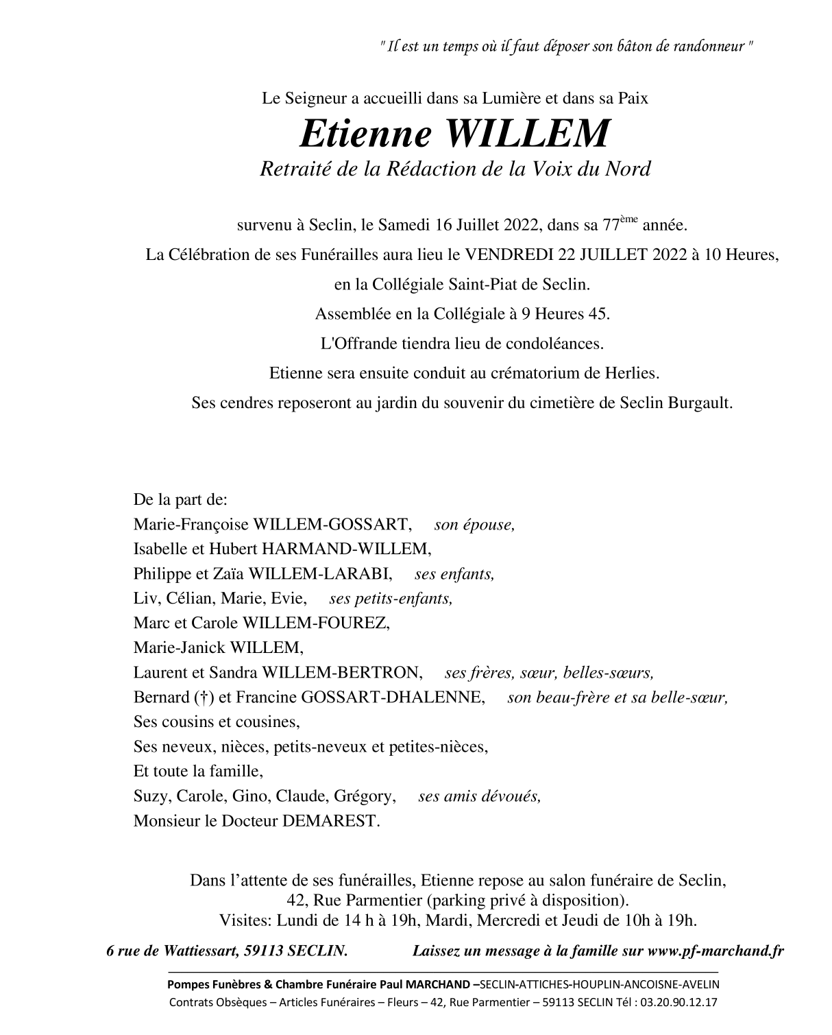 Image Annonce nécrologique de Etienne WILLEM de Seclin