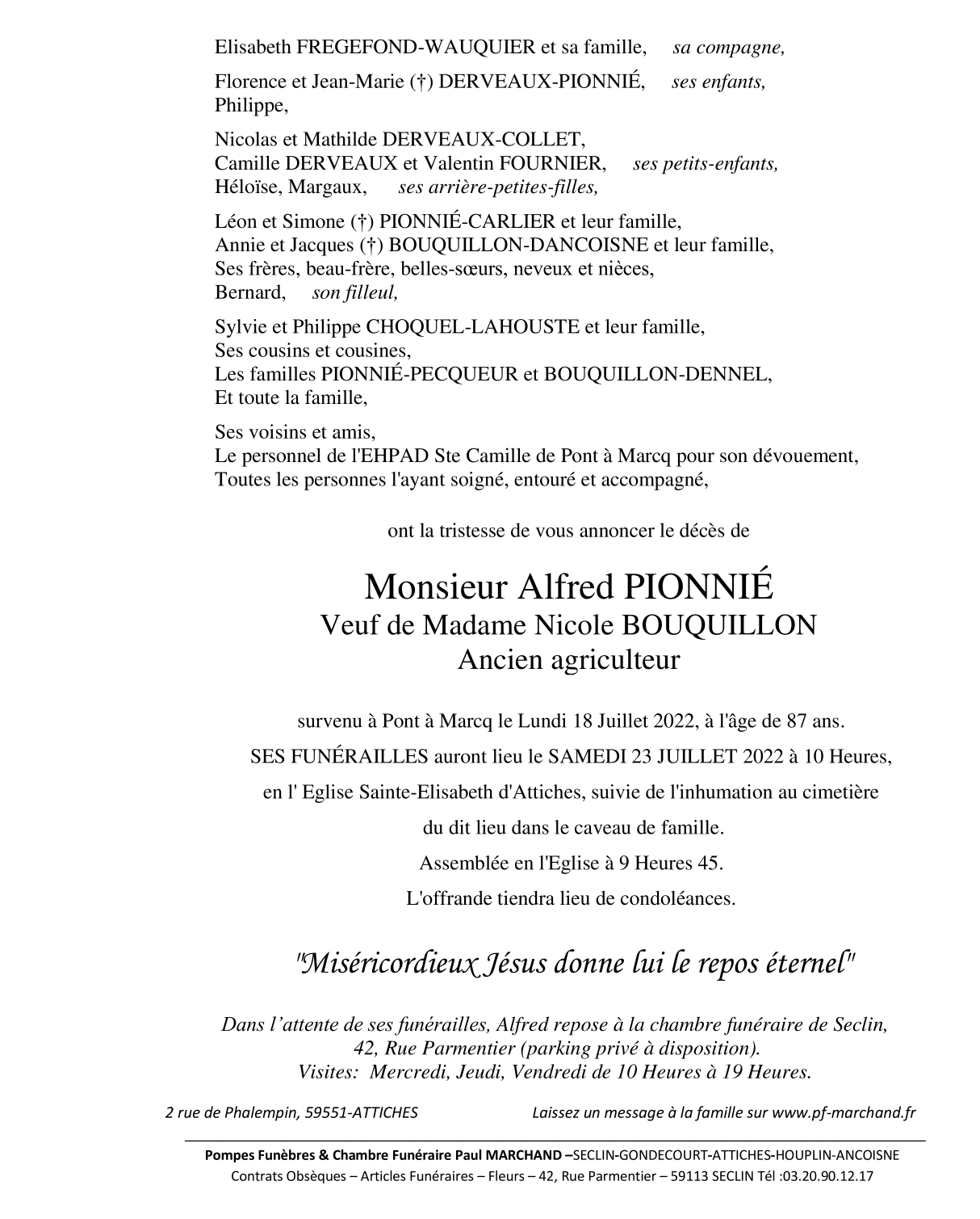 Image Annonce nécrologique de Monsieur Alfred PIONNIÉ de Attiches