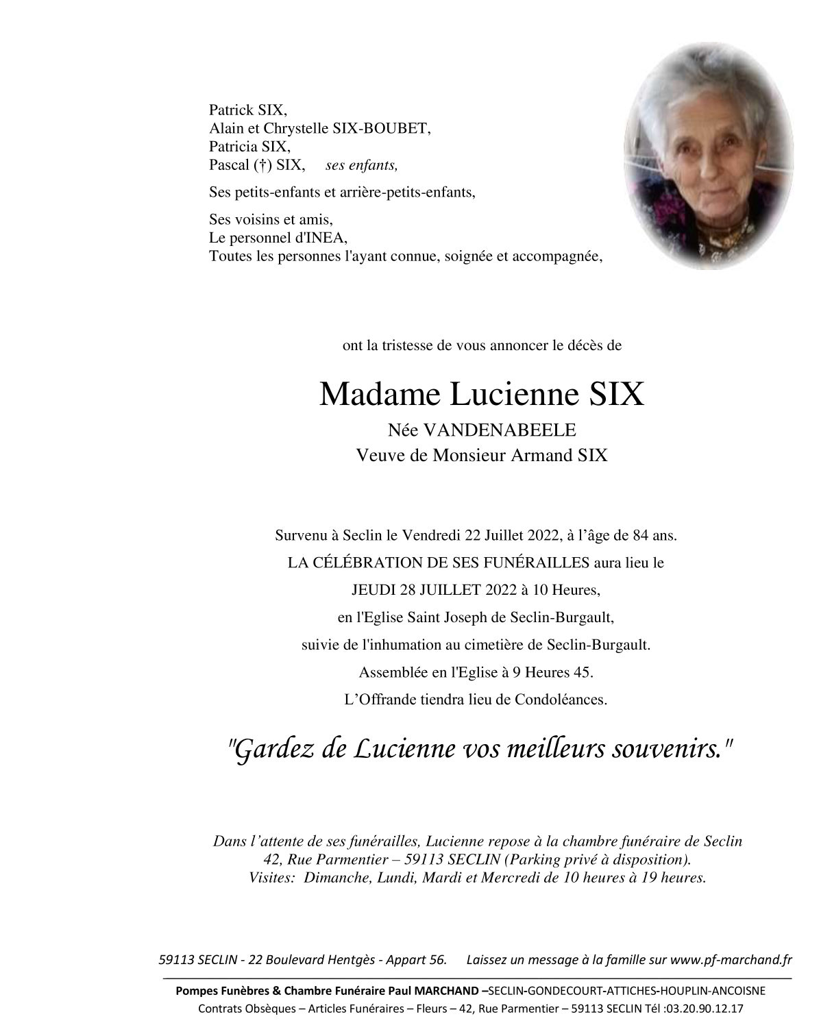 Image Annonce nécrologique de Lucienne SIX née VANDENABEELE
