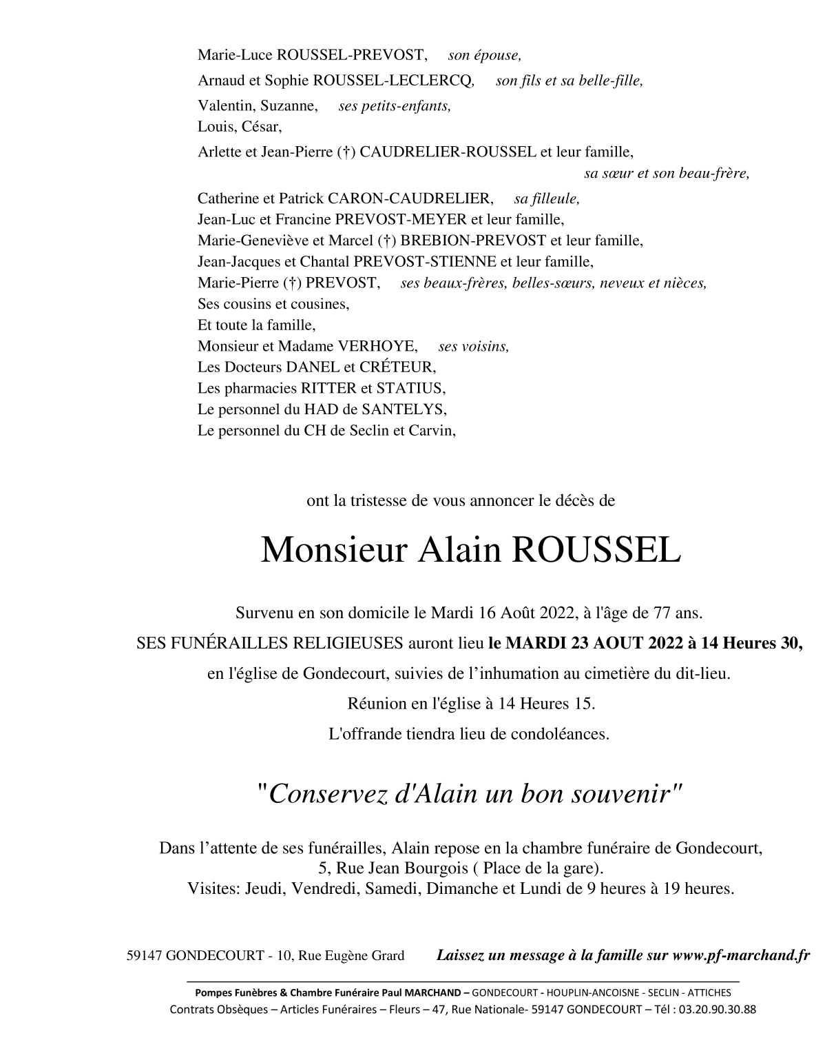 Image Annonce nécrologique de Monsieur Alain ROUSSEL