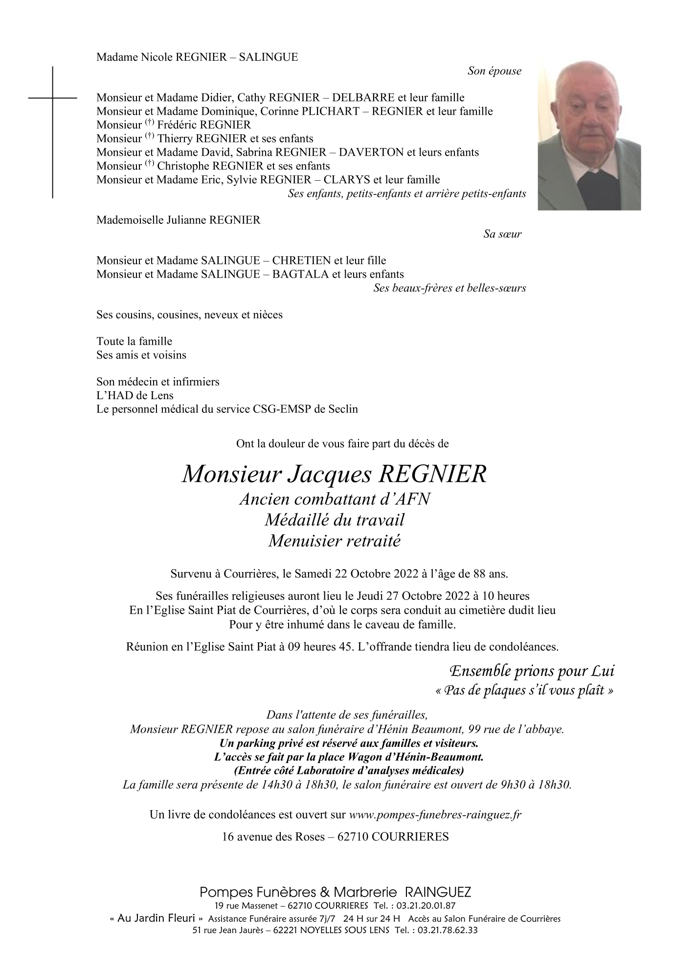 Décès de Monsieur Jacques REGNIER (221022), Annonce nécrologique
