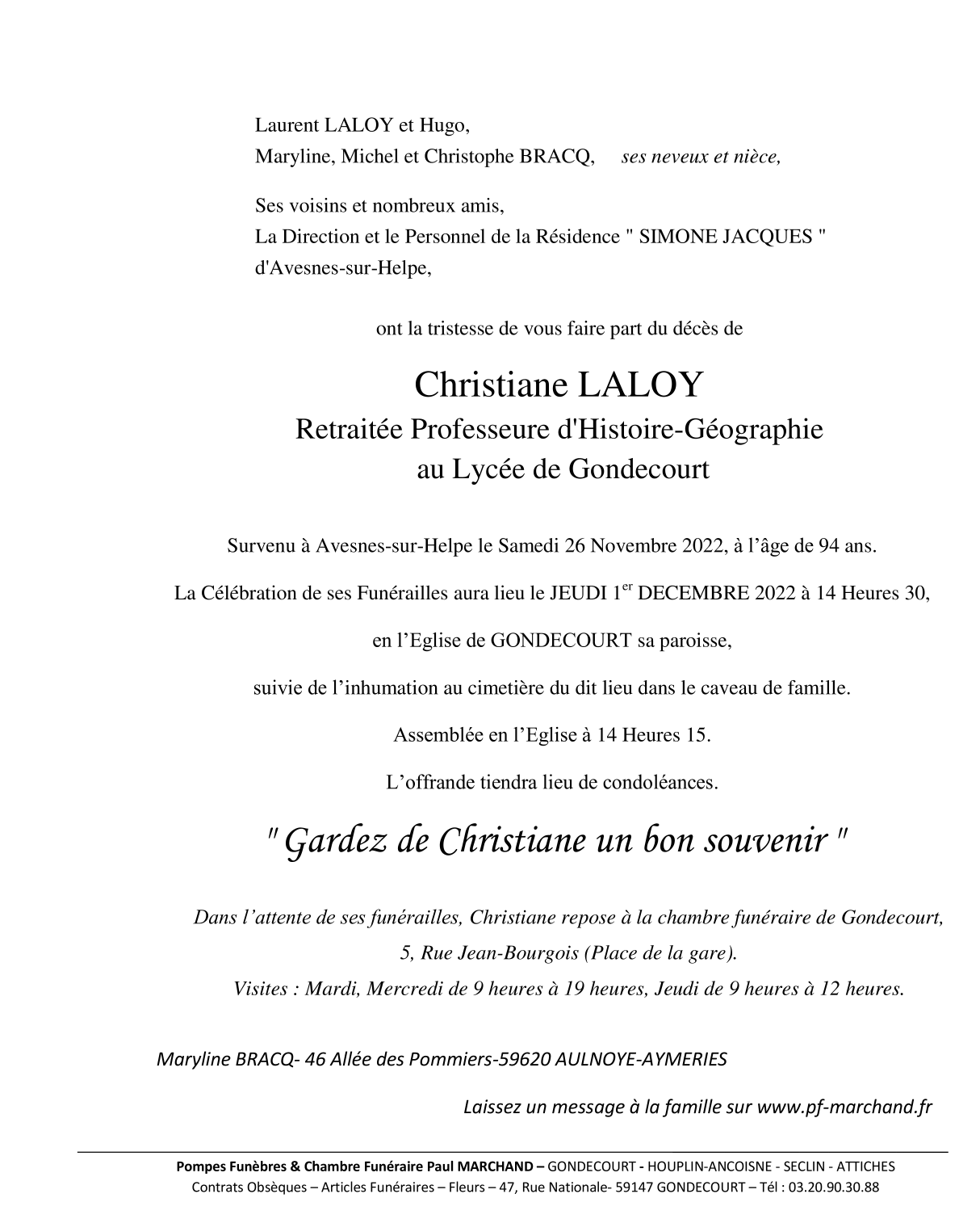 Image Annonce nécrologique de Christiane LALOY