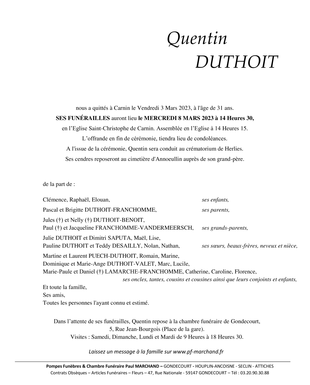 Image Annonce nécrologique de Quentin DUTHOIT